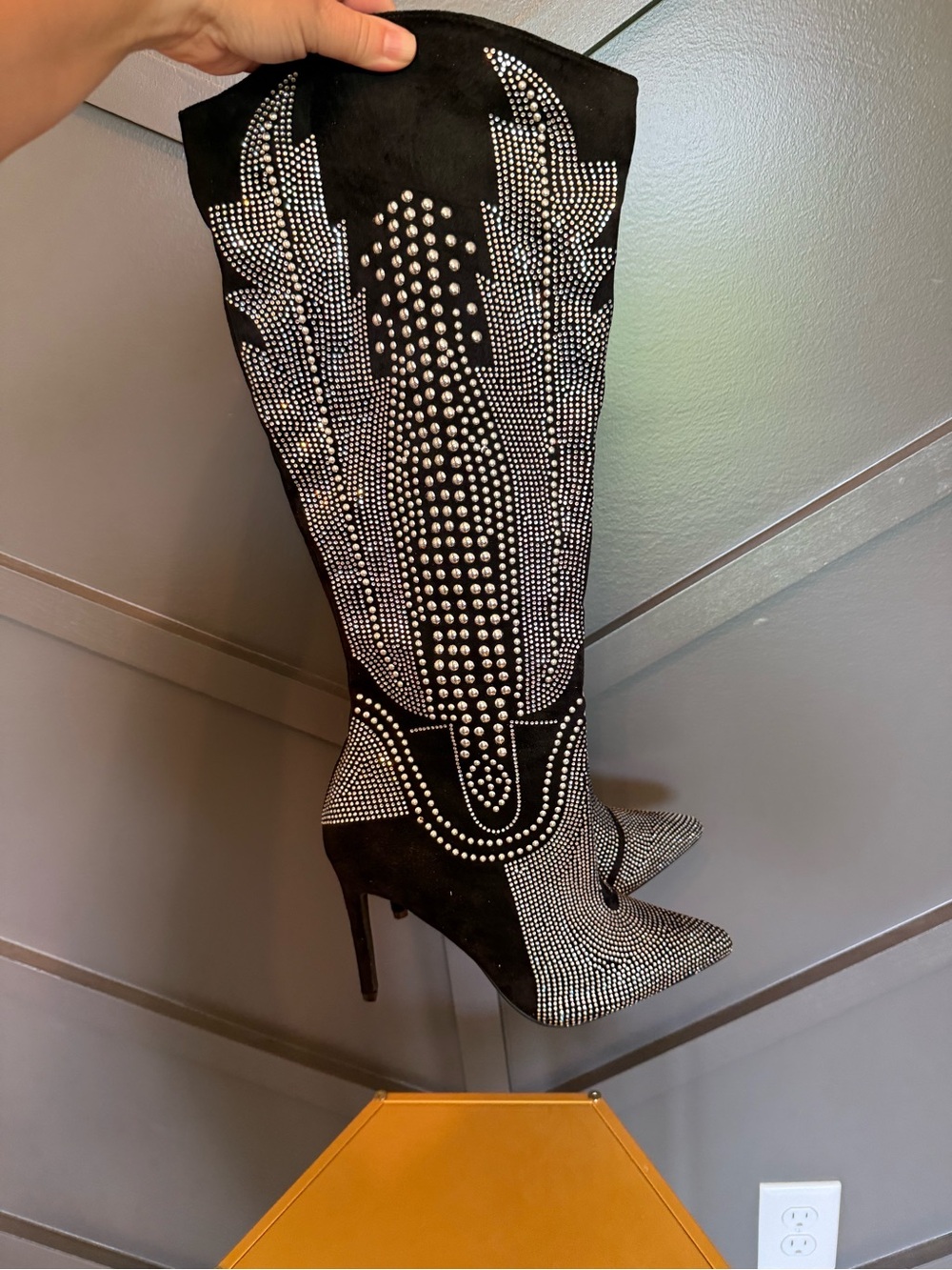 Cape Robbin Black Rhinestone Embellished Knee-High Stiletto Boots